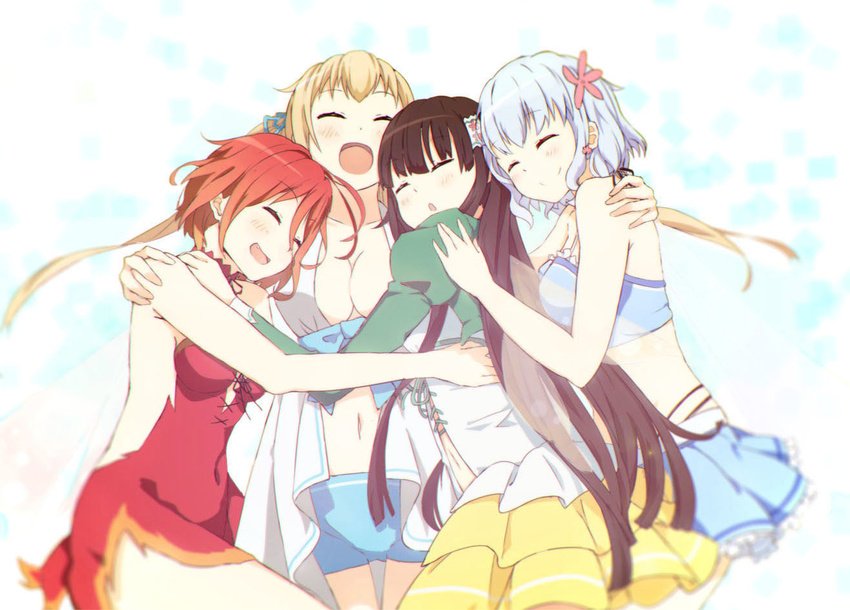 :d ^_^ amagi_brilliant_park blonde_hair blue_hair blur brown_hair closed_eyes group_hug hug koborii_(amaburi) multiple_girls muse_(amaburi) open_mouth red_hair salama_(amaburi) smile sylphy_(amaburi) tomato_(lsj44867)