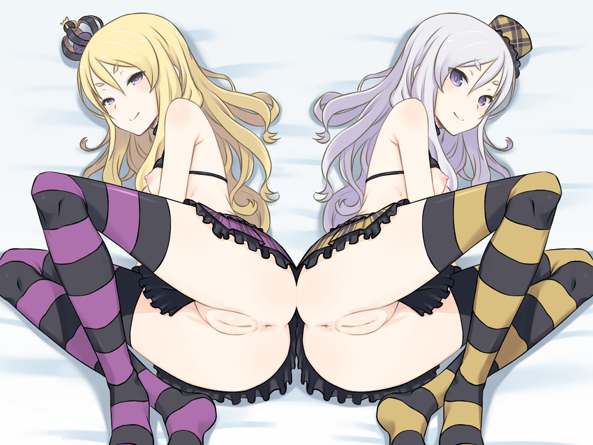 2girls anus areolae ass bed blonde_hair blush breasts crown exela_(summon_night) hat highres hou_(hachiyou) legs long_hair looking_at_viewer lying multiple_girls nipples no_panties on_side purple_eyes purple_hair pussy skirt small_breasts smile striped striped_legwear summon_night summon_night_5 thighs uncensored veloce_(summon_night)