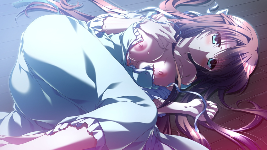 1girl aqua_eyes areolae blush breasts brown_hair game_cg long_hair lying natsuzora_no_perseus nipples on_back on_floor sawatari_tohka shouna_mitsuishi solo sweat takasaki_mako