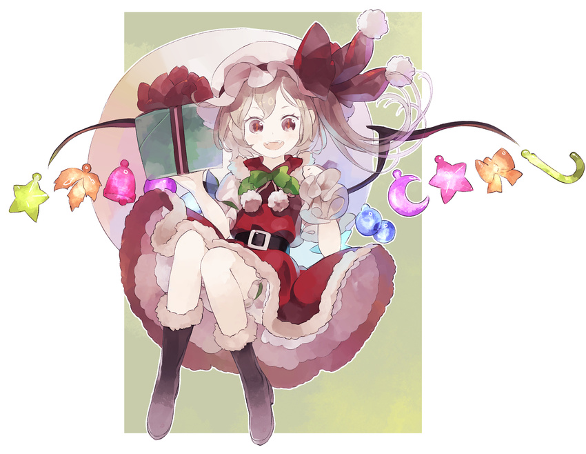 blonde_hair boots bow brown_footwear fang flandre_scarlet fur_boots hat hat_bow md5_mismatch red_eyes santa_boots santa_costume shihou_(g-o-s) side_ponytail snow_boots solo touhou wings