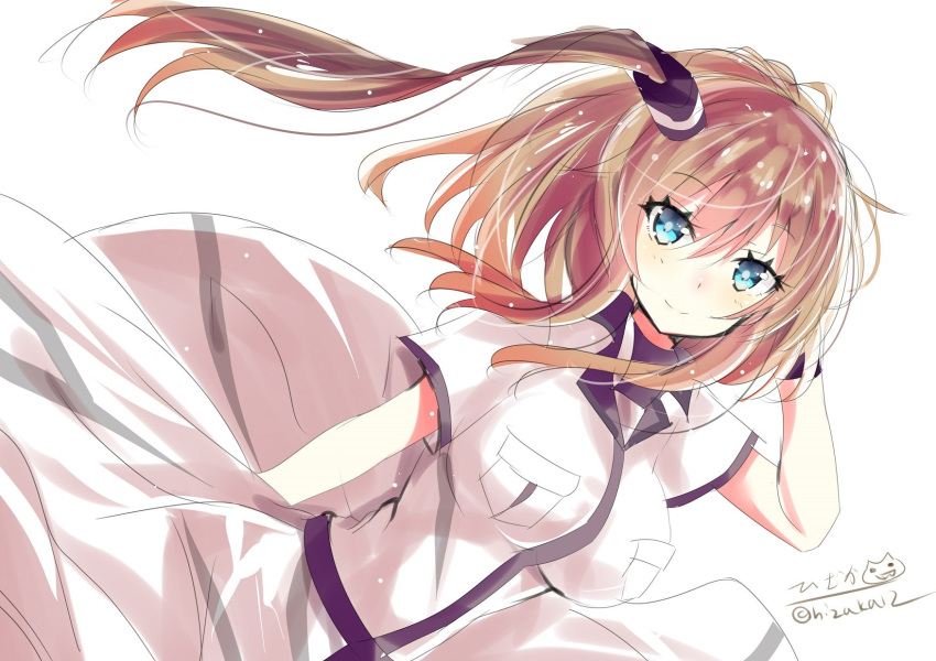 1girl blue_eyes breast_pocket breasts brown_hair closed_mouth dress eyebrows_visible_through_hair hair_between_eyes hair_ornament headgear highres hizaka kantai_collection large_breasts long_hair pocket red_neckwear saratoga_(kantai_collection) short_sleeves side_ponytail sidelocks simple_background smile smokestack twitter_username white_background