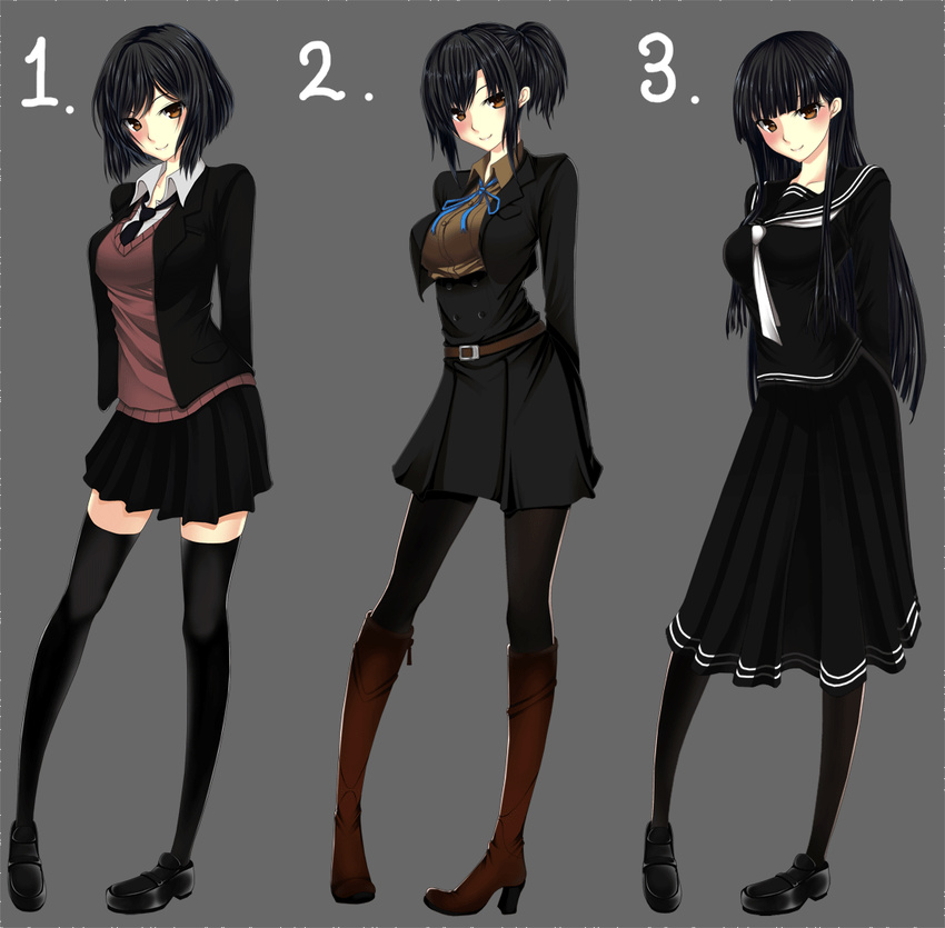 alternate_hairstyle black_hair black_legwear black_serafuku blue_eyes boots breasts brown_eyes brown_footwear commentary_request costume_chart grey_background knee_boots loafers long_hair medium_breasts multiple_girls original pantyhose pigeon-toed pleated_skirt ponytail school_uniform serafuku shoes short_hair short_ponytail simadu-kazuhisa skirt smile sweater thighhighs uniform zettai_ryouiki