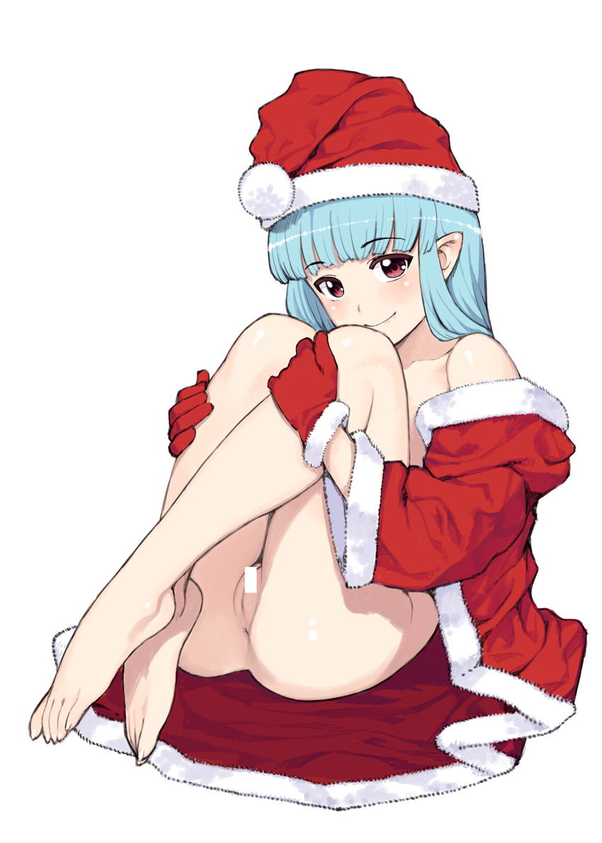 anus aqua_hair barefoot blush censored christmas eyebrows_visible_through_hair fetal_position flat_chest folded full_body fur_trim gloves hamada_yoshikazu hat highres kiriha_(tsugumomo) light_blue_hair long_hair naked_robe no_panties nude official_art plantar_flexion pointy_ears pussy red_eyes red_gloves santa_costume santa_hat simple_background sitting smile solo toenails tsugumomo white_background