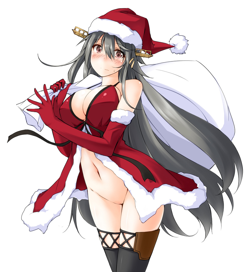 black_hair black_legwear blush boots bottomless breasts brown_eyes cleavage elbow_gloves gloves haruna_(kantai_collection) hat headgear highres kaminagi_(kaminagi-tei) kantai_collection large_breasts long_hair looking_at_viewer navel no_panties red_gloves santa_hat simple_background smile solo thigh_boots thighhighs white_background