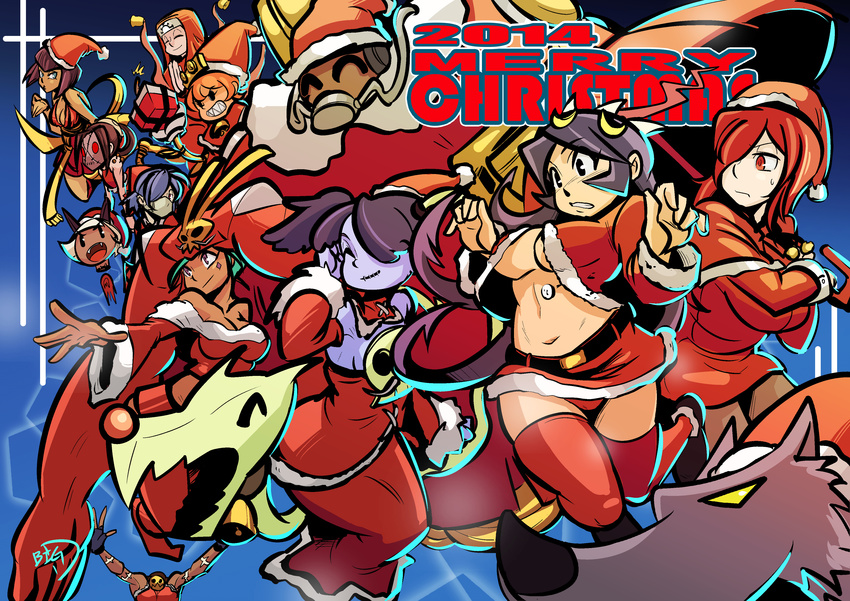 2014 6+girls absurdres big-d big_band black_hair blown_kiss box breasts capelet carol_(skullgirls) cerebella_(skullgirls) christmas cyborg dark_skin detached_collar detached_sleeves double_(skullgirls) eliza_(skullgirls) everyone filia_(skullgirls) gift gift_box hat highres krieg_(skullgirls) large_breasts leviathan_(skullgirls) merry_christmas ms._fortune_(skullgirls) multiple_girls no_bra orange_hair painwheel_(skullgirls) panties pantyshot parasoul_(skullgirls) peacock_(skullgirls) purple_skin red_eyes red_hair red_legwear red_panties samson_(skullgirls) santa_costume santa_hat side_ponytail skullgirls smile squigly_(skullgirls) umbrella underboob underwear valentine_(skullgirls) vice-versa_(skullgirls)