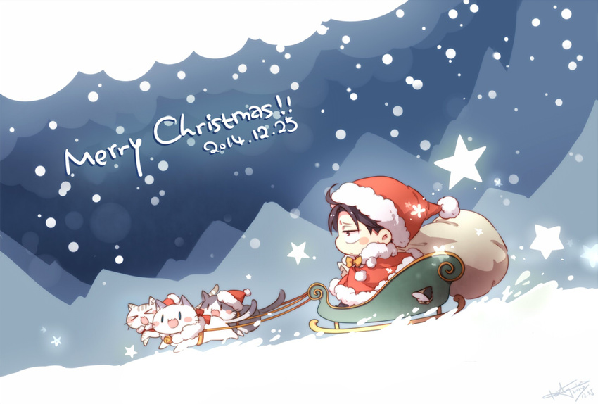 &gt;_&lt; :3 black_hair blush_stickers cat chibi christmas closed_eyes hat keluy santa_costume santa_hat shingeki_no_kyojin short_hair sled snow |_|