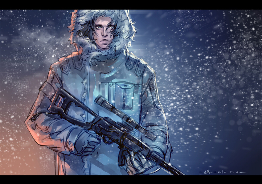 captain_america_the_winter_soldier coat dated gun james_buchanan_barnes letterboxed male_focus marvel parka rifle sniper_rifle snowing solo weapon winter_clothes winter_soldier yoku_(liuyc)