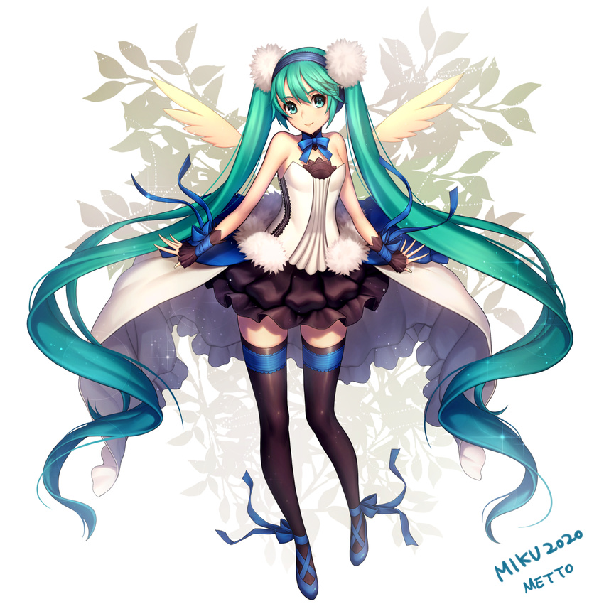 7th_dragon_(series) 7th_dragon_2020 absurdly_long_hair artist_name character_name green_eyes green_hair hatsune_miku highres long_hair metto skirt smile solo thighhighs twintails very_long_hair vocaloid
