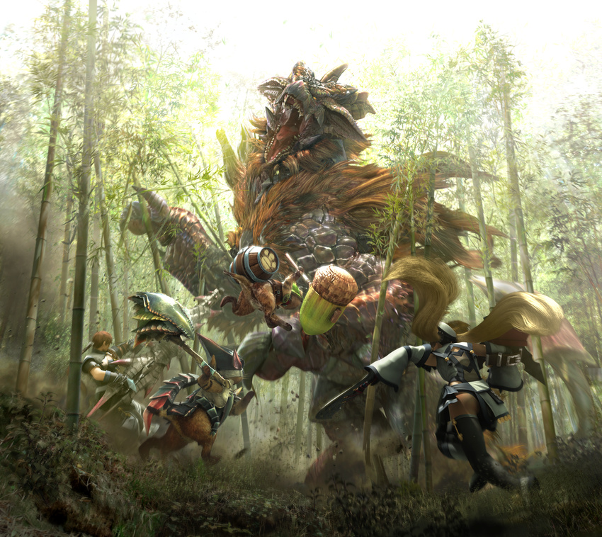 1girl 3d bamboo bamboo_forest felyne forest highres monster monster_hunter monster_hunter_frontier nature sword thighhighs twintails weapon
