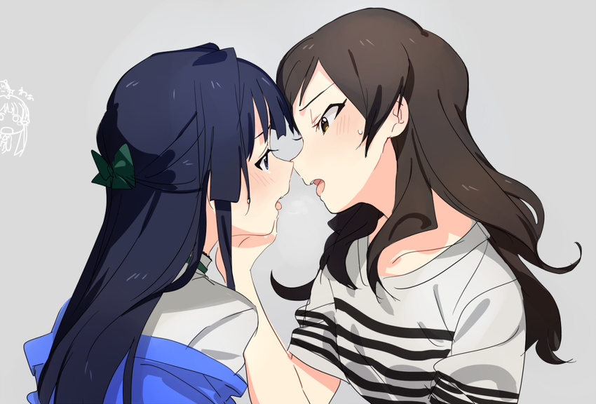 2girls black_hair blue_eyes blush brown_eyes brown_hair bust chibi_inset grey_background hand_on_another's_face hand_on_another's_face idolmaster idolmaster_cinderella_girls idolmaster_million_live! incipient_kiss kitazawa_shiho long_hair looking_at_another mogami_shizuka multiple_girls saliva saliva_trail upper_body yomosaka yuri