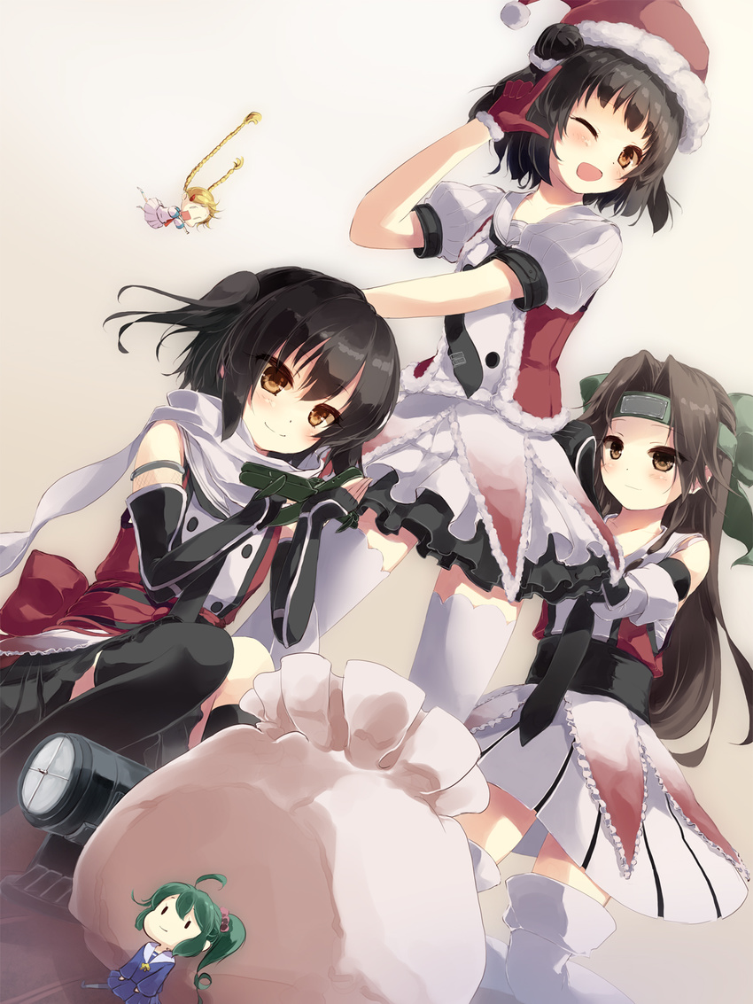 ;d =d ahoge aircraft airplane black_gloves black_hair blonde_hair brown_eyes brown_hair double_bun dutch_angle elbow_gloves fairy_(kantai_collection) forehead_protector gengetsu_chihiro gloves green_hair hair_ornament hairclip highres jintsuu_(kantai_collection) kantai_collection kneeling long_hair looking_at_viewer multiple_girls naka_(kantai_collection) one_eye_closed open_mouth ponytail red_gloves remodel_(kantai_collection) scarf school_uniform searchlight_(kantai_collection) sendai_(kantai_collection) serafuku short_hair smile squatting thighhighs two_side_up type_98_recon_seaplane white_legwear white_scarf zettai_ryouiki |_|