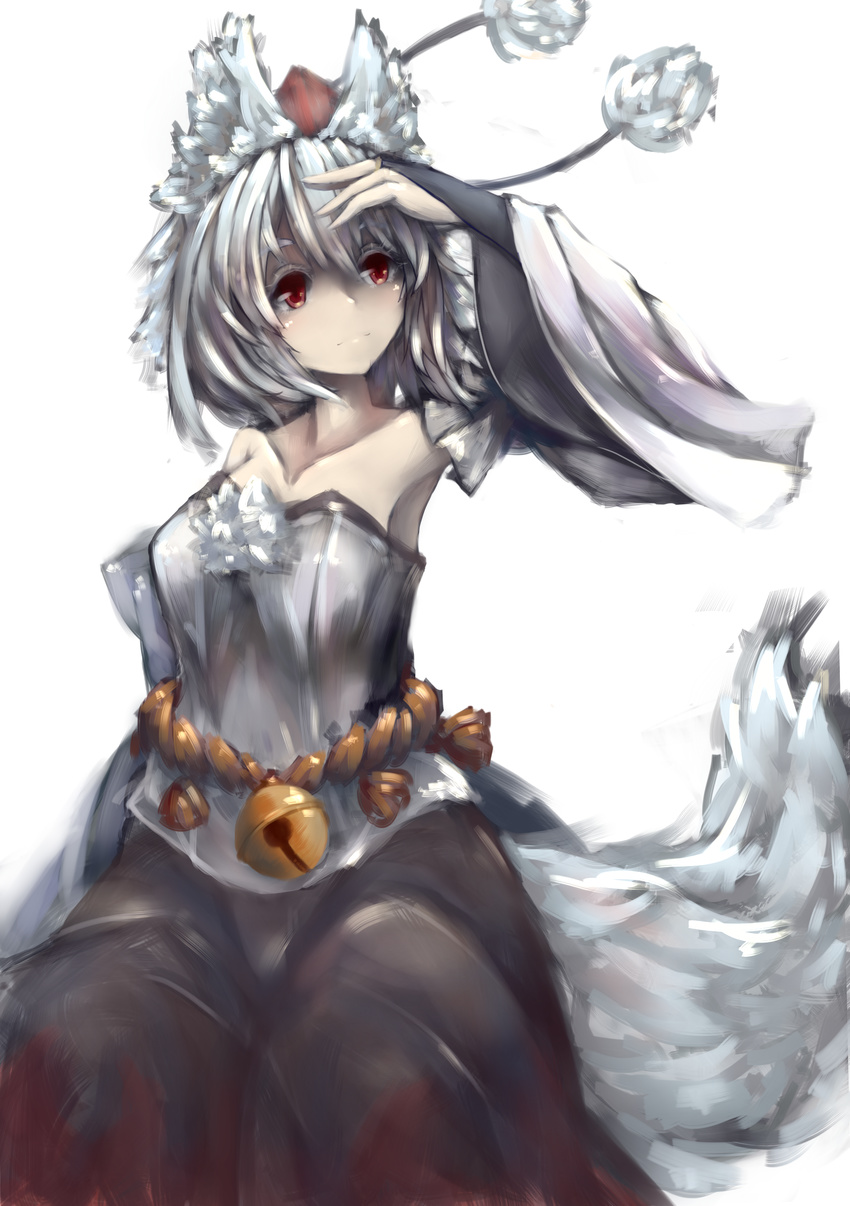 absurdres animal_ears armpits bare_shoulders bell breasts bridal_gauntlets collarbone detached_sleeves hand_on_own_head hat highres inubashiri_momiji looking_away medium_breasts nano_(ex925868312) pom_pom_(clothes) red_eyes short_hair silver_hair simple_background solo tail tokin_hat touhou white_background wolf_ears wolf_tail