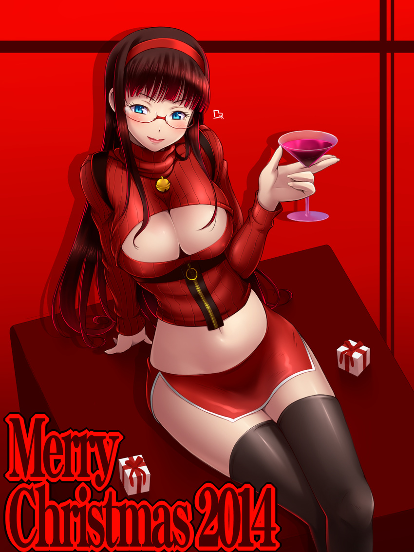 2014 bell black_hair black_legwear blue_eyes box breasts christmas cleavage cleavage_cutout gift gift_box glass glasses hairband heart highres huge_breasts jingle_bell lips long_hair looking_at_viewer md5_mismatch meme_attire merry_christmas midriff miniskirt navel open-chest_sweater original red_background ribbed_sweater sitting skirt smile solo sweater taru_neko thighhighs turtleneck zipper