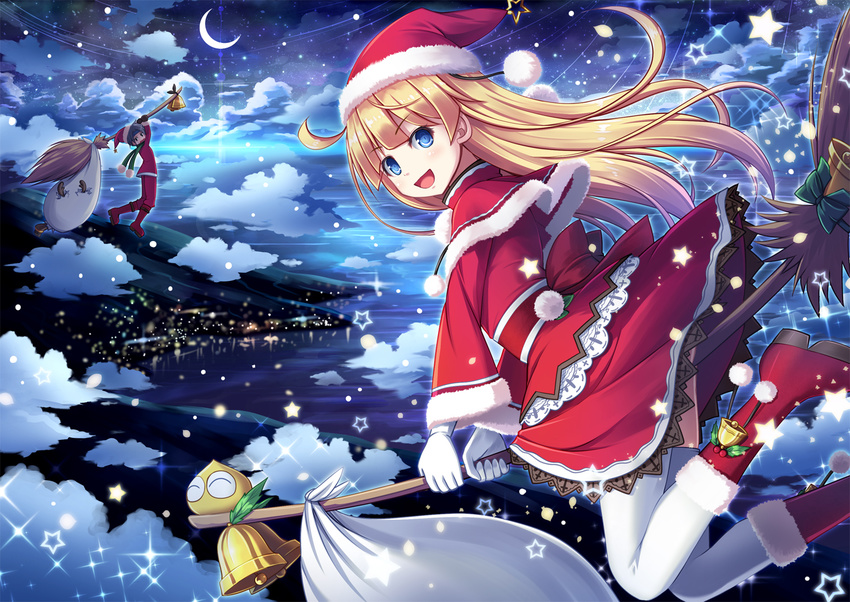 1girl :d akashio_(loli_ace) bell blonde_hair blue_eyes broom christmas gloves hat long_hair looking_at_viewer open_mouth puyo_(puyopuyo) puyopuyo riding santa_costume santa_hat scarf schezo_wegey smile thighhighs white_gloves witch_(puyopuyo)