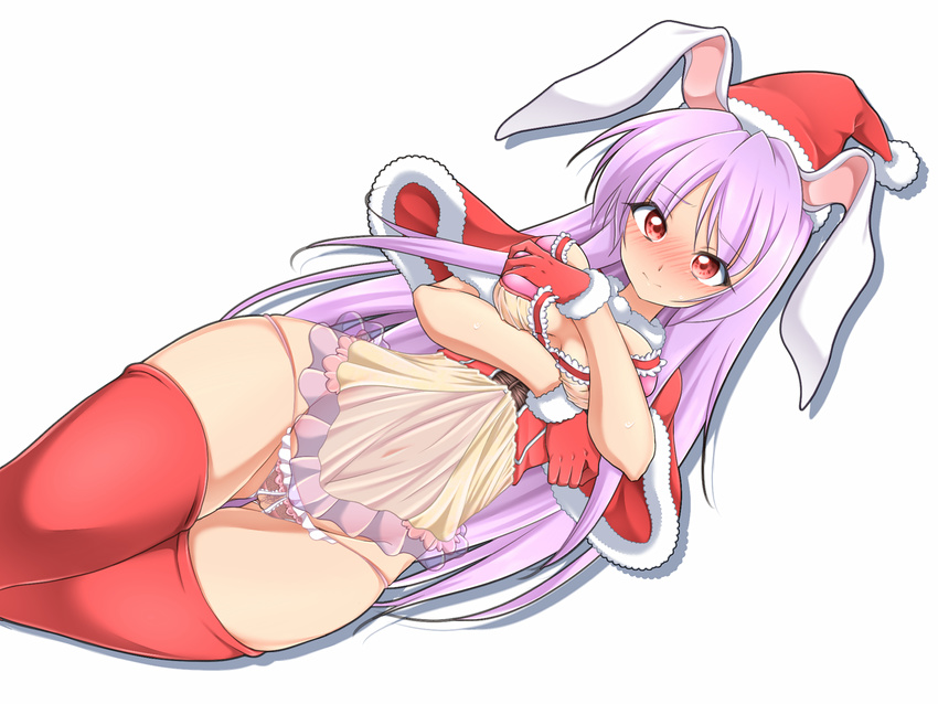 alternate_costume animal_ears blush breast_hold breast_squeeze breasts bunny_ears crotchless_panties from_above gloves hachi_(chihagura) hat large_breasts long_hair looking_at_viewer panties pubic_hair purple_hair red_eyes red_gloves red_legwear reisen_udongein_inaba santa_hat see-through simple_background solo thigh_gap thighhighs thighs touhou underwear very_long_hair white_background