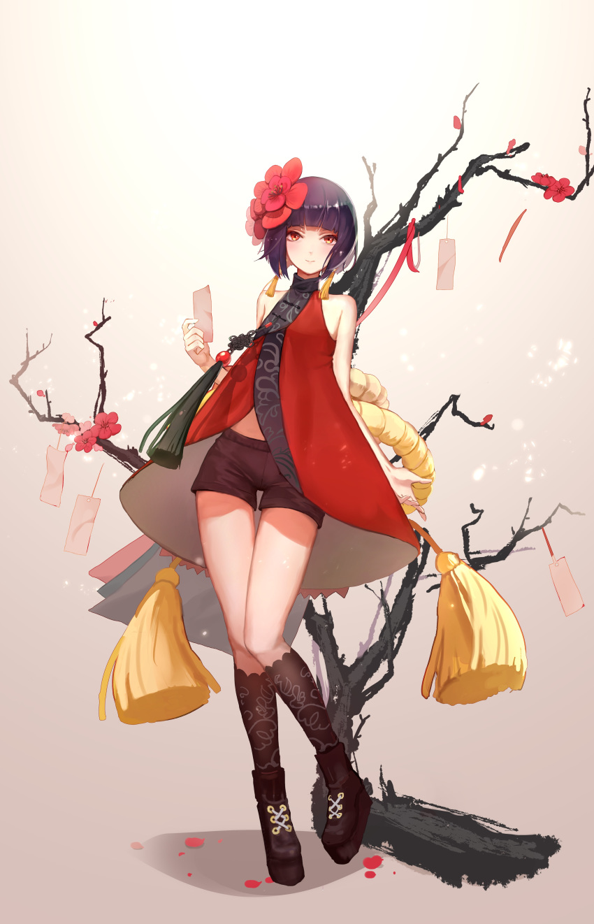 absurdres alternate_costume arashi_(forever_7th_capital) bangs bare_shoulders black_footwear black_hair black_legwear black_shorts blunt_bangs bob_cut boots branch cherry_blossoms chinese_clothes dress flower forever_7th_capital hair_flower hair_ornament highres holding kneehighs light_smile looking_at_viewer multicolored_hair orange_eyes red_dress red_flower short_shorts shorts solo standing superdong trap tree two-tone_hair