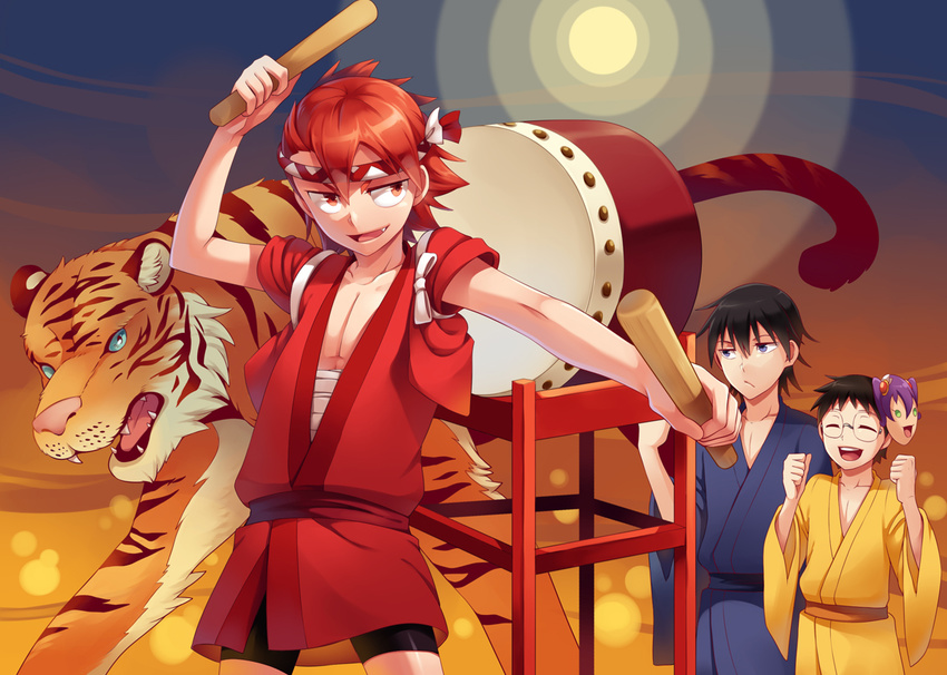 bike_shorts black_hair character_request closed_eyes cr72 dated drum glasses headband instrument japanese_clothes kimono male_focus mask multiple_boys naruko_shoukichi onoda_sakamichi open_mouth red_eyes red_hair short_hair tiger yowamushi_pedal