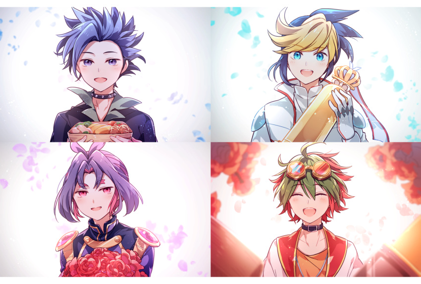 4boys ahoge aicedrop aqua_eyes bangs black_hair black_shirt blonde_hair blue_eyes blue_hair bouquet choker collar eyebrows eyebrows_visible_through_hair flower food gloves goggles goggles_on_head green_hair hair_between_eyes holding jacket looking_at_viewer lunchbox male_focus multicolored_hair multiple_boys open_mouth parted_bangs petals purple_hair red_flower red_hair red_rose rose sakaki_yuuya shirt shoulder_pads simple_background smile spiked_hair split_screen star studded_collar trophy two-tone_hair upper_body white_gloves white_jacket white_shirt yu-gi-oh! yuu-gi-ou yuu-gi-ou_arc-v yuugo_(yuu-gi-ou_arc-v) yuuri_(yuu-gi-ou_arc-v) yuuto_(yuu-gi-ou_arc-v)