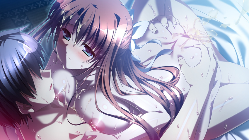 1girl aqua_eyes areolae ass ass_grab bed blush breasts brown_hair cum cum_on_body cum_on_breasts cum_on_hair cum_on_upper_body facial game_cg large_breasts long_hair natsuzora_no_perseus night nipples nude sawatari_tohka sex shouna_mitsuishi sweat vaginal yuzuna_hiyo