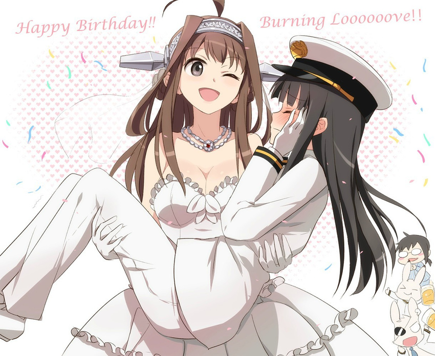 ;d alcohol bad_id bad_pixiv_id bare_shoulders beer black_hair blush breasts brown_hair bunny burning_love_(phrase) carrying cleavage closed_eyes dress english eyepatch female_admiral_(kantai_collection) glasses gloves hairband happy_birthday kantai_collection kisetsu kongou_(kantai_collection) large_breasts long_hair military military_uniform multiple_girls naval_uniform one_eye_closed open_mouth pajamas princess_carry smile uniform wedding_dress wife_and_wife yuri