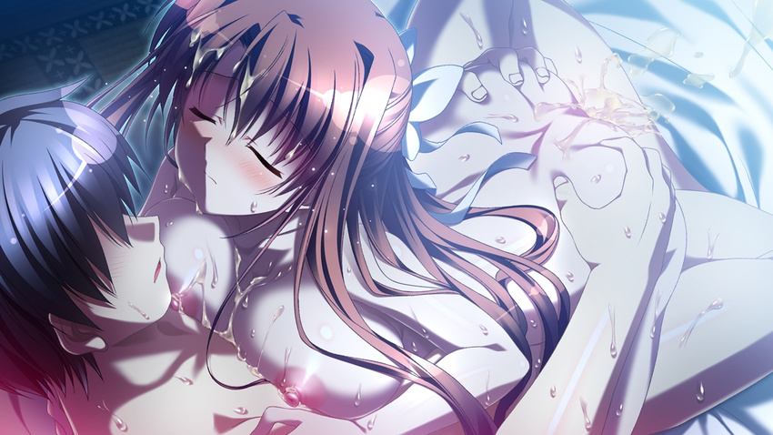 1girl areolae ass ass_grab bed blush breasts brown_hair cum cum_on_body cum_on_breasts cum_on_hair cum_on_upper_body eyes_closed facial game_cg large_breasts long_hair natsuzora_no_perseus night nipples nude sawatari_tohka sex shouna_mitsuishi sweat vaginal yuzuna_hiyo