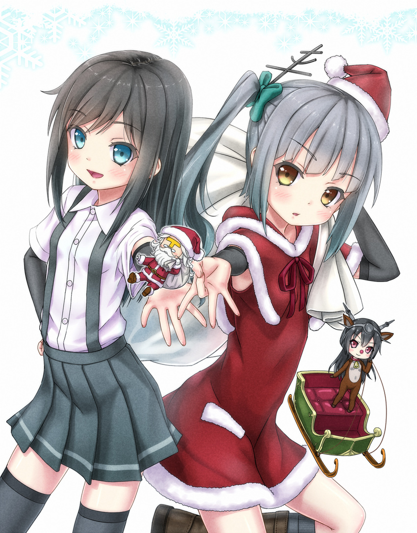 3girls :d admiral_(kantai_collection) alternate_costume animal_costume animal_ears arm_warmers armpits asashio_(kantai_collection) bangs beard bell belt black_footwear black_hair blonde_hair blue_eyes blunt_bangs blush blush_stickers boots bow brown_eyes buttons capelet chibi christmas collar collared_shirt contrapposto covered_navel cowboy_shot dress facial_hair facial_mark fingers_together flat_chest forehead_mark from_side fur_trim glasses gloves gotou_hisashi grey_legwear grey_skirt hair_bow hair_ornament hand_behind_head hand_on_hip hat headgear highres holding kantai_collection kasumi_(kantai_collection) knee_boots kneehighs leg_up light_smile long_hair looking_at_viewer mini_hat mini_santa_hat miniskirt multiple_girls nagato_(kantai_collection) opaque_glasses open_mouth outstretched_hand over_shoulder parted_bangs parted_lips pince-nez pink_eyes pleated_skirt red_dress red_eyes red_nose reindeer_costume reindeer_ears sack santa_costume santa_hat shirt short_dress short_sleeves side_ponytail sidelocks silver_hair simple_background size_difference skirt sleigh smile snowflakes standing suspenders swept_bangs thighhighs tilted_headwear very_long_hair white_background white_hair zettai_ryouiki