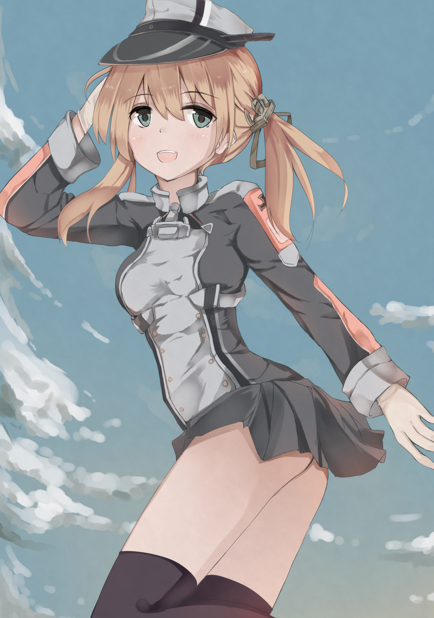 :d anchor_hair_ornament black_legwear black_skirt blonde_hair blue_eyes blue_sky day gloves hair_ornament hand_on_own_head hat highres kantai_collection looking_at_viewer microskirt military military_hat military_uniform open_mouth peaked_cap pleated_skirt prinz_eugen_(kantai_collection) shirotaso0818 skirt sky smile solo thighhighs uniform white_gloves