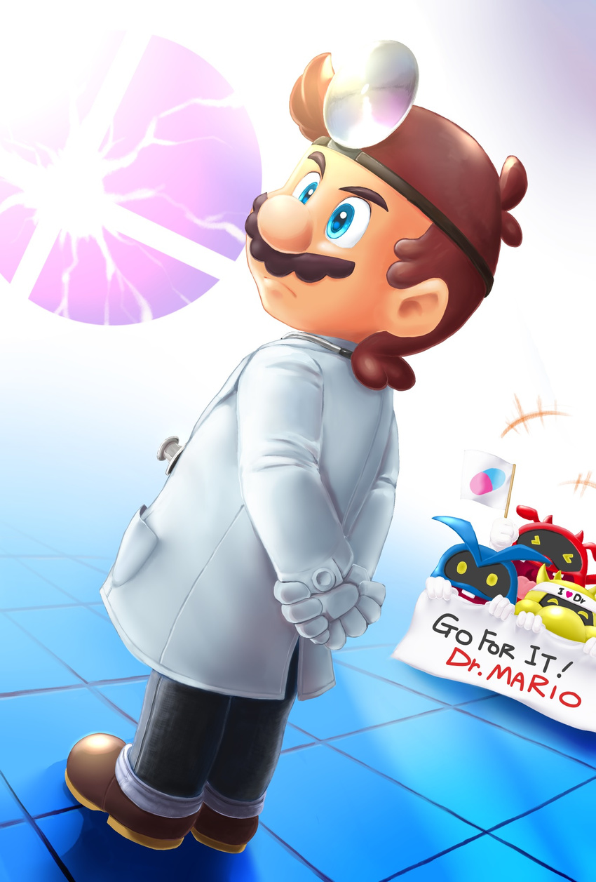 arms_behind_back artist_request banner blush brown_hair dr._mario dr.mario dutch_angle english facial_hair flag gloves head_mirror headband highres labcoat mario mario_(series) mustache stethoscope super_mario_bros. super_smash_bros. virus_(dr._mario) white_gloves