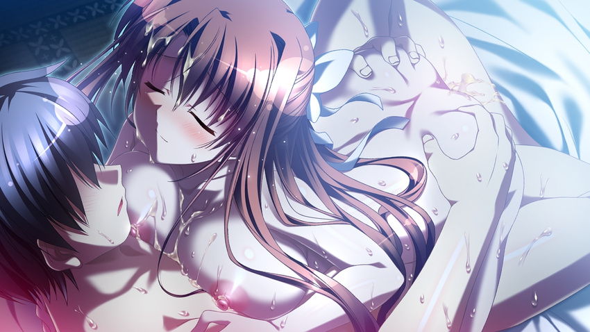 1girl areolae ass ass_grab bed blush breasts brown_hair cum cum_on_body cum_on_breasts cum_on_hair cum_on_upper_body eyes_closed facial game_cg large_breasts long_hair natsuzora_no_perseus night nipples nude sawatari_tohka sex shouna_mitsuishi sweat vaginal yuzuna_hiyo