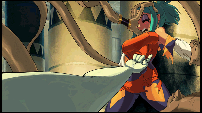 animated animated_gif aqua_hair bare_shoulders breasts cerebella_(skullgirls) closed_eyes commentary detached_sleeves eliza_(skullgirls) eyeshadow hands head_grab head_out_of_frame large_breasts laughing makeup multiple_girls parody ponytail restrained skullgirls solo_focus southpawper spoilers tickling