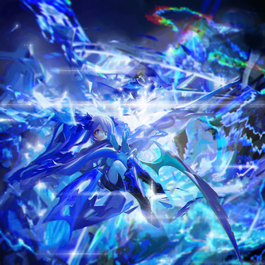 abstract blue_eyes blue_footwear blue_hair boots chromatic_aberration crystal highres knees_together_feet_apart long_hair original solo toiku twintails very_long_hair wings