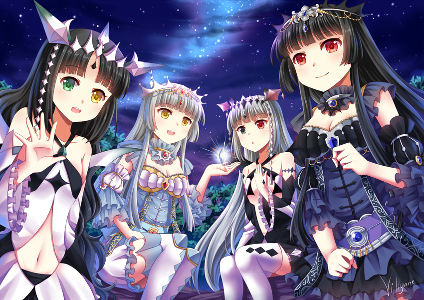 black_hair detached_sleeves frills green_eyes hair_ornament heterochromia long_hair looking_at_viewer multiple_girls navel original red_eyes silver_hair sitting villyane waving yellow_eyes