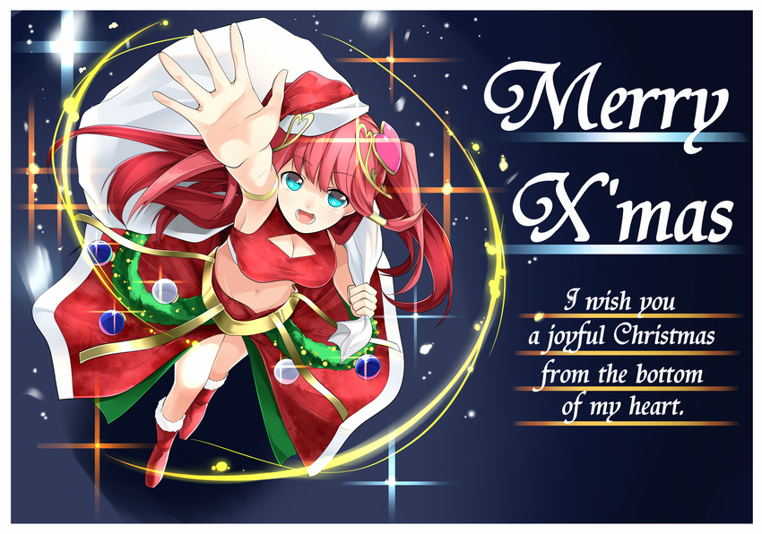 :d armlet blue_eyes boots breasts christmas christmas_ornaments cleavage cleavage_cutout english from_above fur_boots fur_trim gochiwa groin hair_ornament hair_tubes hat heart heart_hair_ornament highres light_particles long_hair medium_breasts merry_christmas navel open_mouth pink_hair puzzle_&amp;_dragons red_footwear red_skirt santa_boots santa_costume santa_hat skirt smile solo tiara two_side_up venus_(p&amp;d)
