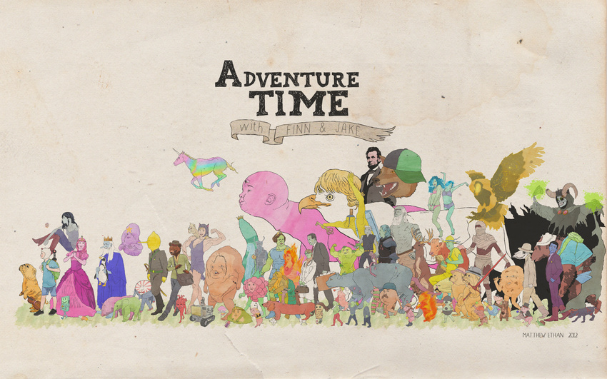 abraham_lincoln adventure_time animal_skull annotated antlers artist_name baseball_cap bear beard bird blonde_hair bmo cat character_request commentary cow crown dated death_(adventure_time) deer dog dress eagle earl_of_lemongrab elephant english english_commentary everyone facial_hair fangs finn_the_human fire flame_princess floating food fruit grey_background hand_in_pocket hands_together hat heart_(organ) highres horns hunson_abadeer ice_king jake_the_dog lady_rainicorn lumpy_space_princess marceline_abadeer matthew_ethan multiple_boys multiple_girls muscle mustache owl pig pinata pink_hair princess_bonnibel_bubblegum raspberry realistic ricardio shorts simple_background sword third_eye top_hat tree_trunks unicorn walking weapon white_hair