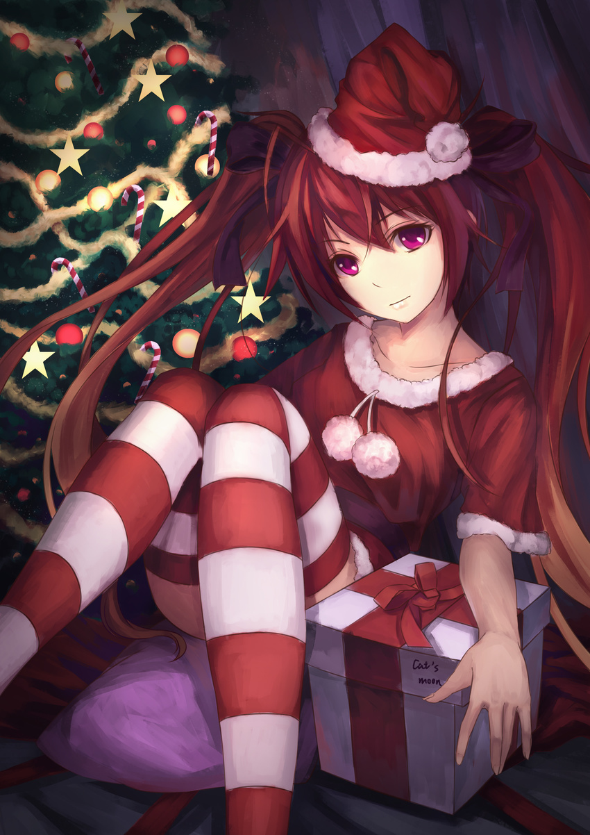 1girl artist_name box christmas_tree gift gift_box gradient_hair hat highres mitsuka_souji multicolored_hair ore_twintail_ni_narimasu red_eyes red_hair red_legwear santa_hat sitting striped striped_legwear tail_red tailred thighhighs twintails youxuemingdie