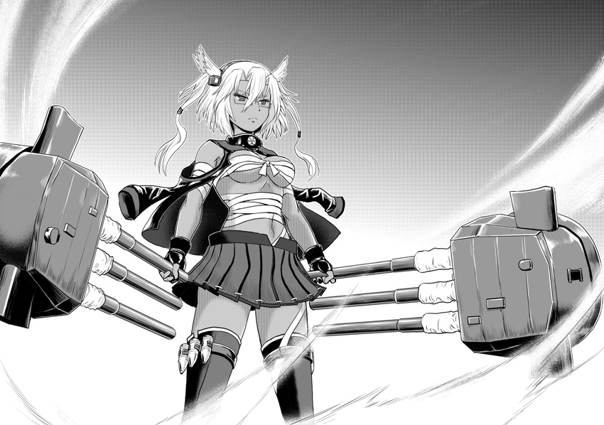 bomber_grape breasts budget_sarashi cape cleavage dual_wielding greyscale holding kantai_collection long_hair machinery medium_breasts monochrome musashi_(kantai_collection) navel pleated_skirt pointy_hair sarashi skirt solo thighhighs turret two_side_up you're_doing_it_wrong zettai_ryouiki