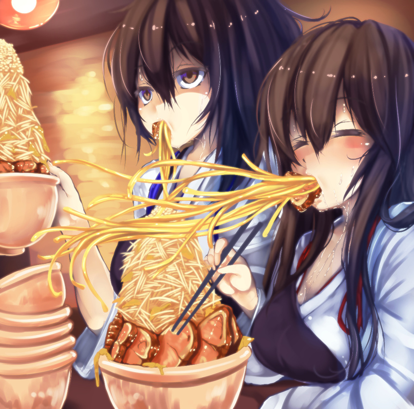 =_= akagi_(kantai_collection) beef black_hair blush bowl brown_eyes closed_eyes eating food japanese_clothes jirou_(ramen) kaga_(kantai_collection) kantai_collection kimono long_hair meat miko monikano multiple_girls muneate noodles ramen sweat upper_body