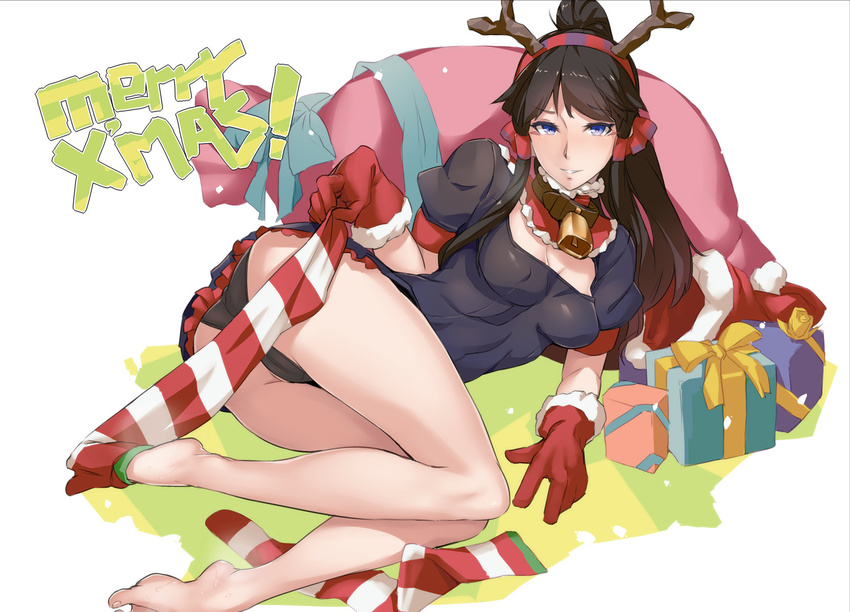 antlers ass barefoot bell bell_collar black_hair blue_eyes blush breasts christmas collar covered_nipples dress egyptian feet gloves hair_tubes hairband hat highres kurowa long_hair long_legs medium_breasts merry_christmas nephthys_(p&amp;d) panties parted_lips ponytail puzzle_&amp;_dragons red_gloves removing_sock sack santa_hat single_sock smell sock_pull socks solo steam sweat toes underwear