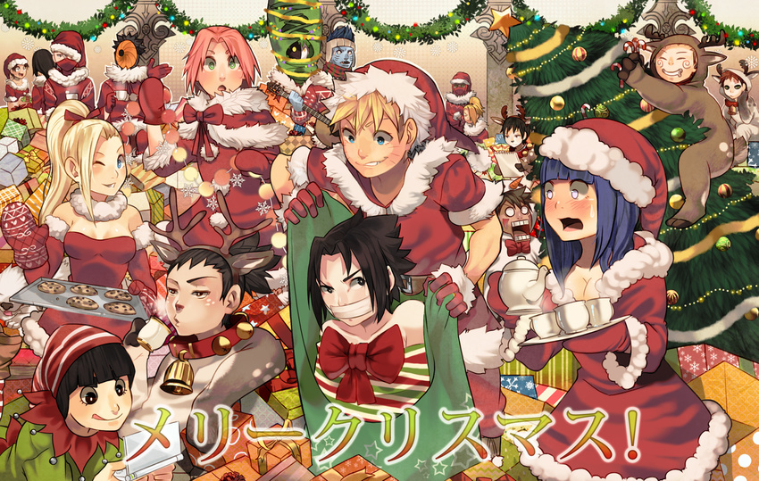 6+boys akatsuki_(naruto) akimichi_chouji antlers bell black_eyes black_hair blonde_hair blue_eyes blue_hair book bow box candy candy_cane character_request christmas christmas_tree cookie costume cup decorations deidara elbow everyone eyebrows fingers fishman food fur_trim gaara gag gift gift_box gills gloves guitar hair_over_one_eye hair_tie half_mask hands haruno_sakura hat hatake_kakashi hoshigaki_kisame hyuuga_hinata hyuuga_neji instrument inuzuka_kiba kanji kettle killer_bee long_hair looking_at_viewer mask multiple_boys multiple_girls nara_shikamaru naruto naruto_shippuuden nintendo_ds one_eye_closed open_mouth pink_hair ponytail purple_eyes red_dress red_hair reindeer_costume rock_lee sai saliva santa_hat short_hair spiked_hair tape_gag teeth tenten tobi translation_request tray uchiha_obito uchiha_sasuke uzucake uzumaki_naruto wink wrapped yamanaka_ino zetsu