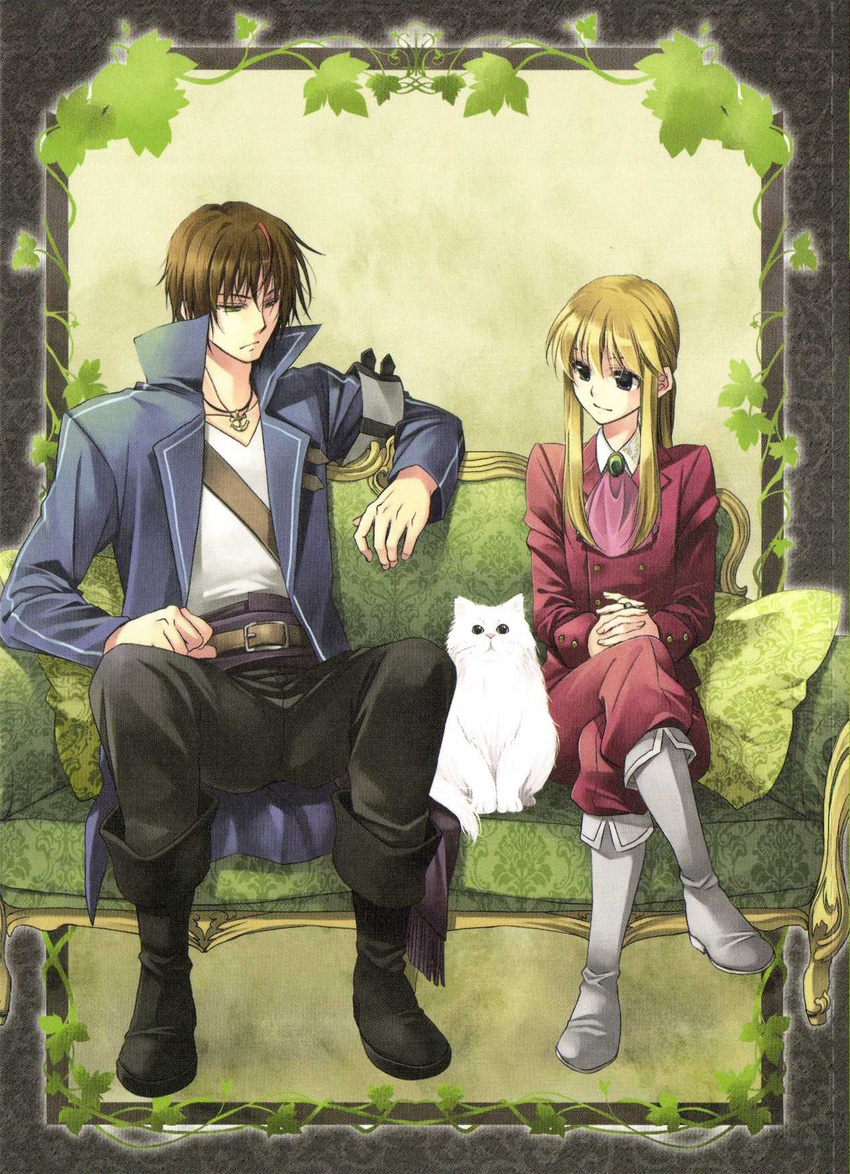 anchor armband belt black_footwear blonde_hair boots brown_hair cat coat couch cravat crossed_legs diana_(umineko) grey_eyes hands_clasped highres jewelry leaf mizuno_eita multicolored_hair multiple_boys necklace official_art own_hands_together ponytail requiem_of_the_golden_witch scan sitting smile streaked_hair two-tone_hair umineko_no_naku_koro_ni ushiromiya_lion white_footwear willard_h_wright yellow_eyes