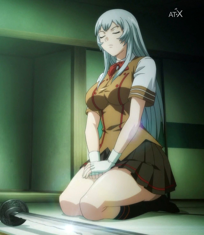 1girl breasts chouun_shiryuu eyes_closed fingerless_gloves gloves ikkitousen katana large_breasts long_hair school_uniform sitting skirt socks solo sword weapon white_hair