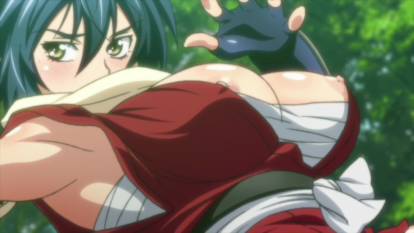 1girl areolae arm_guards armpits black_hair blush breasts brown_eyes cleavage curvy fingerless_gloves forest frown hoods_entertainment japanese_clothes jump jumping kaneko_hiraku large_breasts manyuu_chifusa manyuu_hikenchou nipple_slip nipples outdoors sarashi scarf screencap solo tree