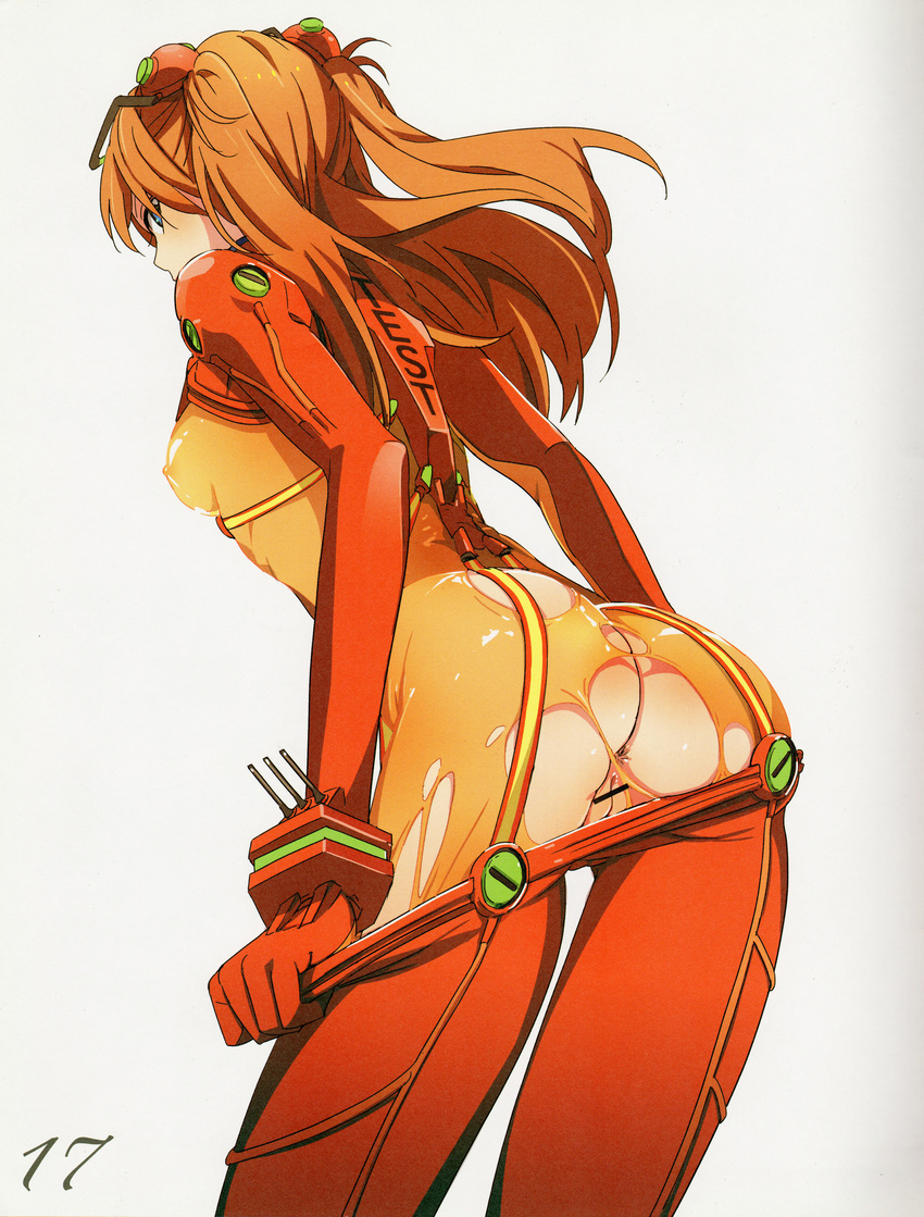 absurdres anus ass bar_censor bodysuit breasts censored highres long_hair mebae multicolored multicolored_bodysuit multicolored_clothes neon_genesis_evangelion orange_bodysuit plugsuit pussy rebuild_of_evangelion red_bodysuit shikinami_asuka_langley simple_background small_breasts solo souryuu_asuka_langley test_plugsuit torn_clothes