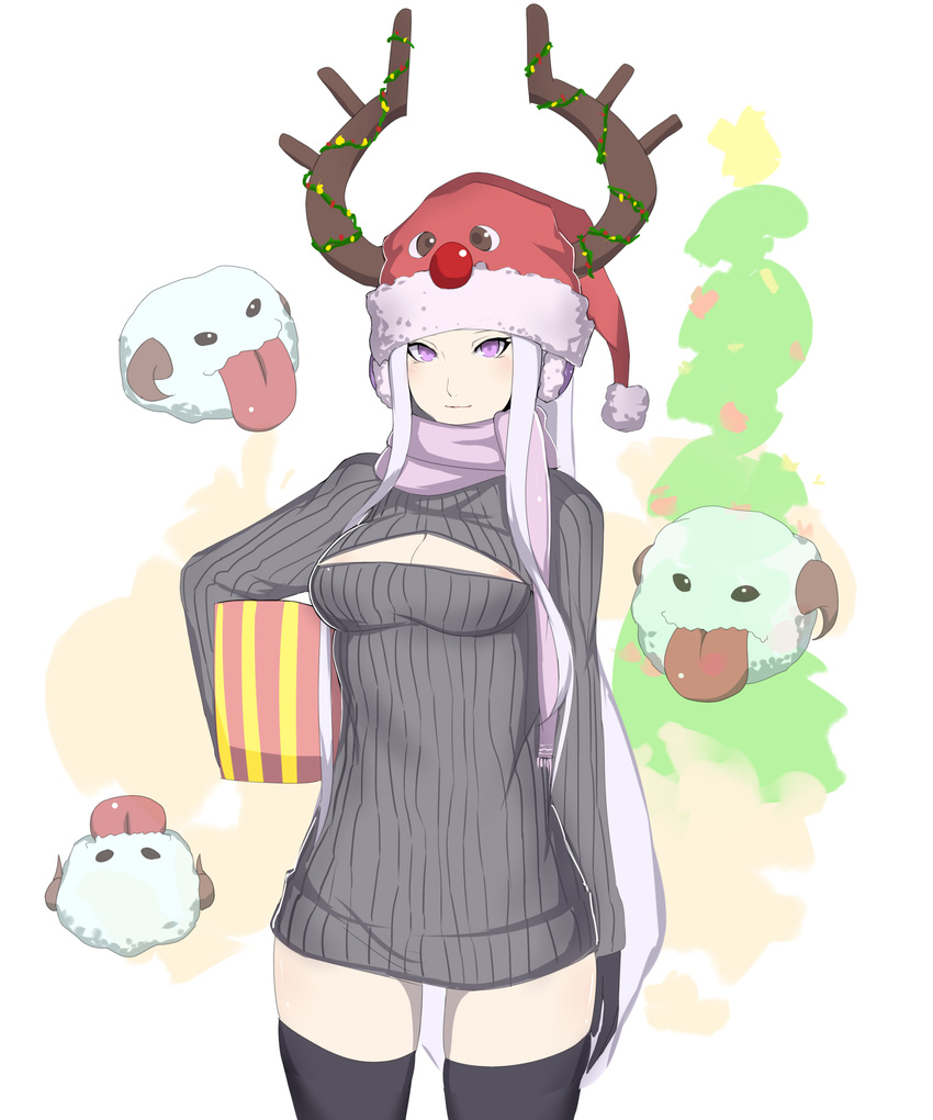 absurdres animal_hat antlers black_legwear box breasts christmas cleavage cowboy_shot dress earmuffs gift gift_box hat highres kumiko_shiba league_of_legends long_hair medium_breasts meme_attire open-chest_sweater poro_(league_of_legends) purple_eyes red_nose reindeer_antlers ribbed_sweater santa_hat scarf silver_hair solo standing sweater sweater_dress syndra thighhighs zettai_ryouiki