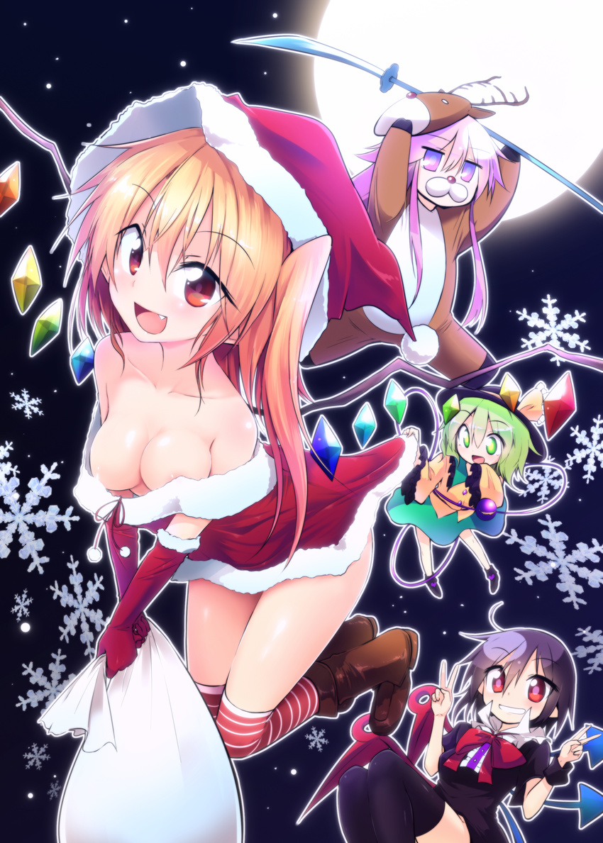 absurdres animal_costume areola_slip areolae asymmetrical_clothes black_hair blonde_hair bow breasts chipa_(arutana) christmas cleavage collarbone downblouse fang flandre_scarlet green_hair green_legwear hat hat_bow hata_no_kokoro highres houjuu_nue komeiji_koishi long_hair medium_breasts miniskirt moonlight multiple_girls naginata no_panties pink_eyes pink_hair polearm red_eyes reindeer_costume santa_costume santa_hat skirt striped striped_legwear thighhighs touhou weapon