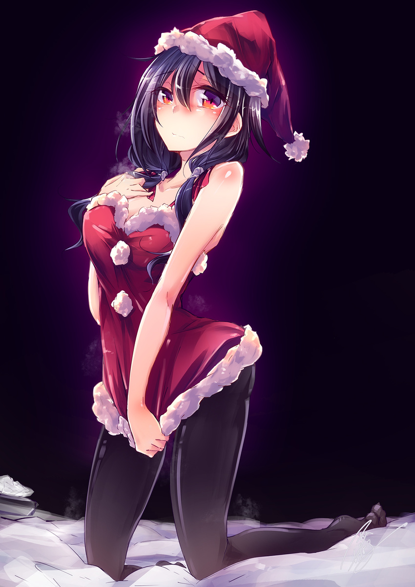 amano_chiharu bare_shoulders black_background black_legwear bobblehat breasts christmas collarbone dress full_body fur_trim hat highres kantai_collection kneeling low_twintails medium_breasts pantyhose pom_pom_(clothes) purple_eyes purple_hair santa_hat simple_background sleeveless sleeveless_dress snow strapless taigei_(kantai_collection) tubetop twintails