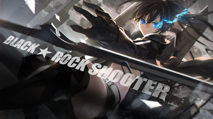 bad_id bad_pixiv_id black_gloves black_hair black_rock_shooter black_rock_shooter_(character) blue_eyes blurry burning_eye character_name copyright_name depth_of_field dutch_angle gloves glowing glowing_eye highres long_hair looking_at_viewer solo swd3e2 twintails