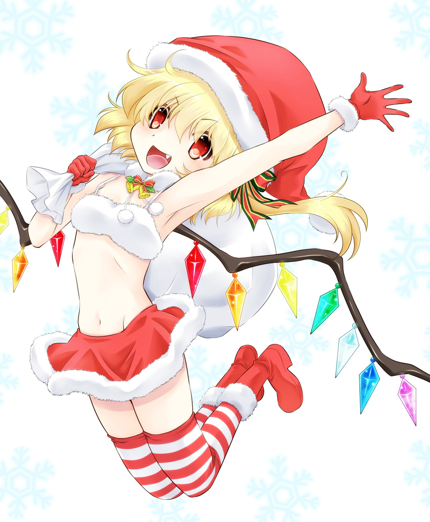 :d armpits blonde_hair boots christmas fang flandre_scarlet full_body gloves hat highres komiru long_hair looking_at_viewer navel open_mouth red_eyes red_footwear red_gloves red_skirt santa_boots santa_hat side_ponytail simple_background skirt smile solo striped striped_legwear thighhighs touhou white_background wings