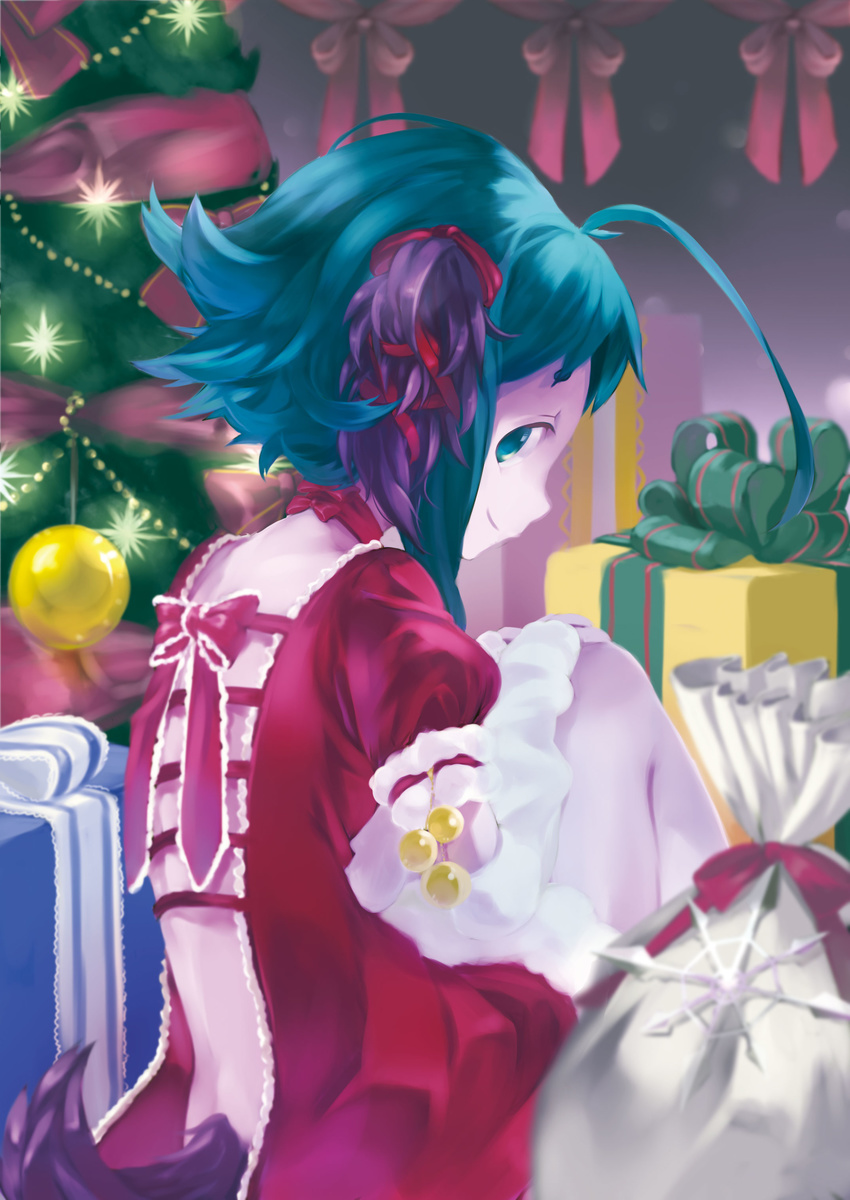 absurdres ahoge alternate_costume animal_ears bare_back blurry broom christmas christmas_tree depth_of_field dress ear_ribbon gift green_eyes green_hair highres kasodani_kyouko looking_back namauni neck_ribbon ribbon sack santa_costume short_hair smile solo tail touhou