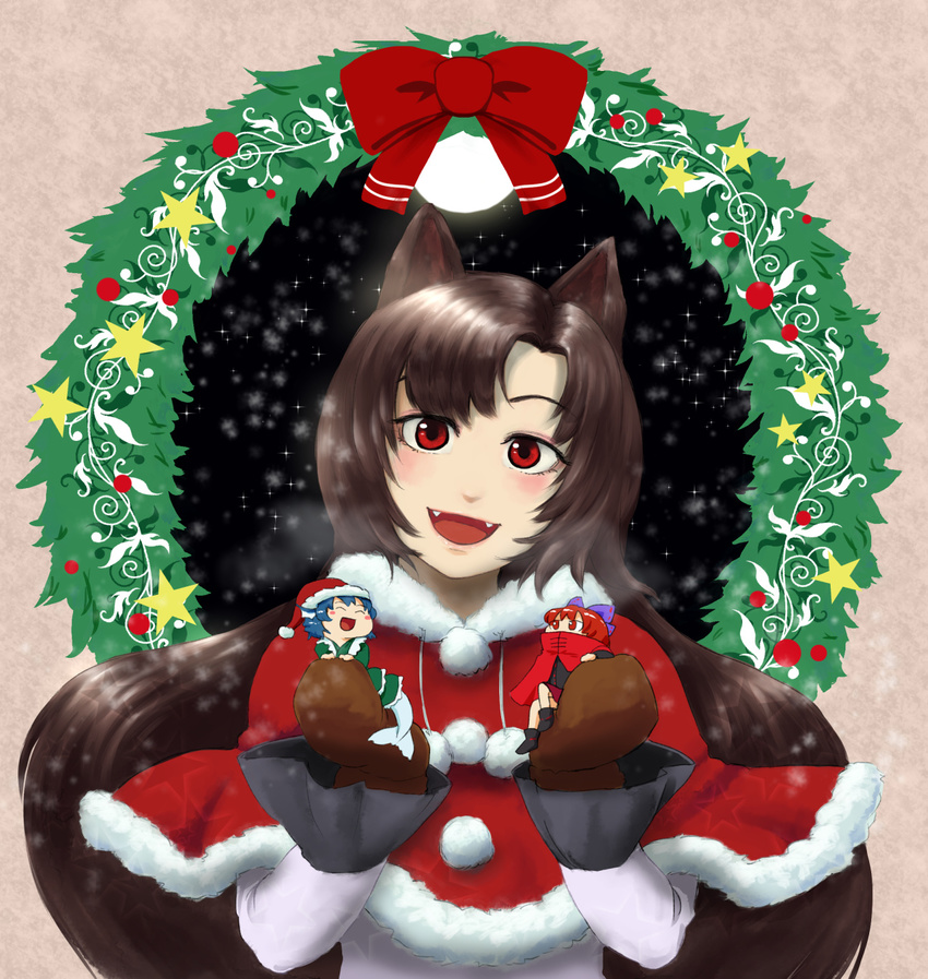 ^_^ animal_ears bangs blue_hair blush bow brown_gloves brown_hair capelet chibi christmas closed_eyes eyeshadow fangs fur_trim gloves grass_root_youkai_network hair_bow hat head_fins high_collar highres holding imaizumi_kagerou japanese_clothes kihou_kanshouzai kimono long_hair looking_at_viewer makeup mascara mermaid minigirl mittens monster_girl multiple_girls obi open_mouth pom_pom_(clothes) red_eyes red_hair santa_costume santa_hat sash sekibanki short_hair skirt sleeves_past_wrists smile star_(sky) touhou upper_body wakasagihime wolf_ears wreath